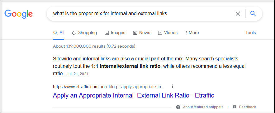 screen print of answer to proper mix of internal and external links needed
