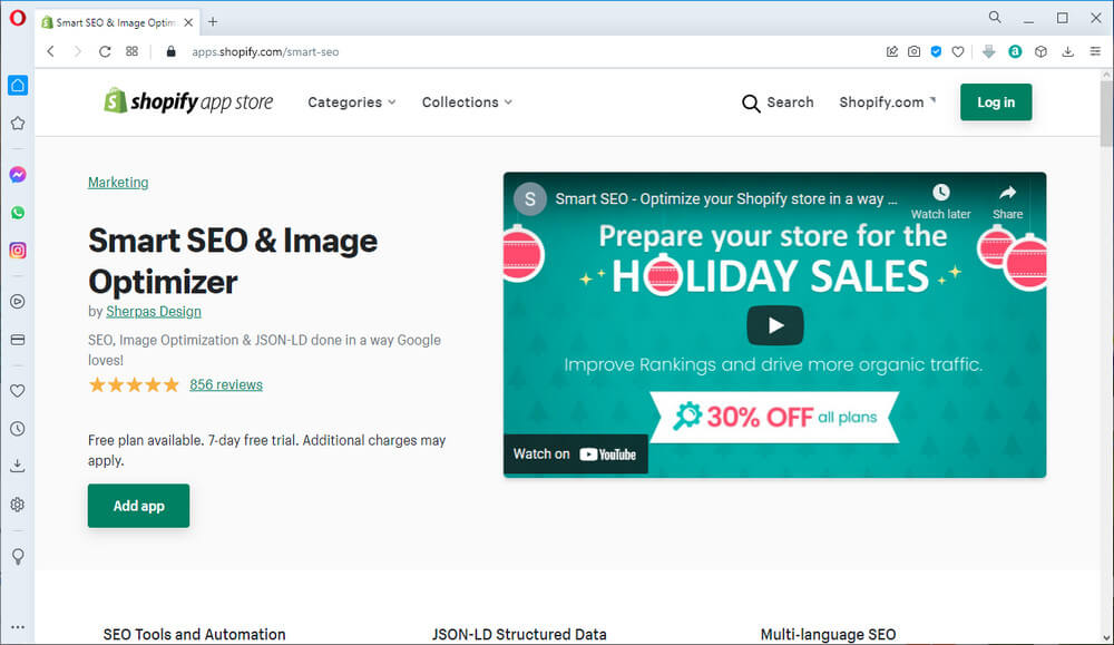 screen print of Smart SEO for Shopify's web page