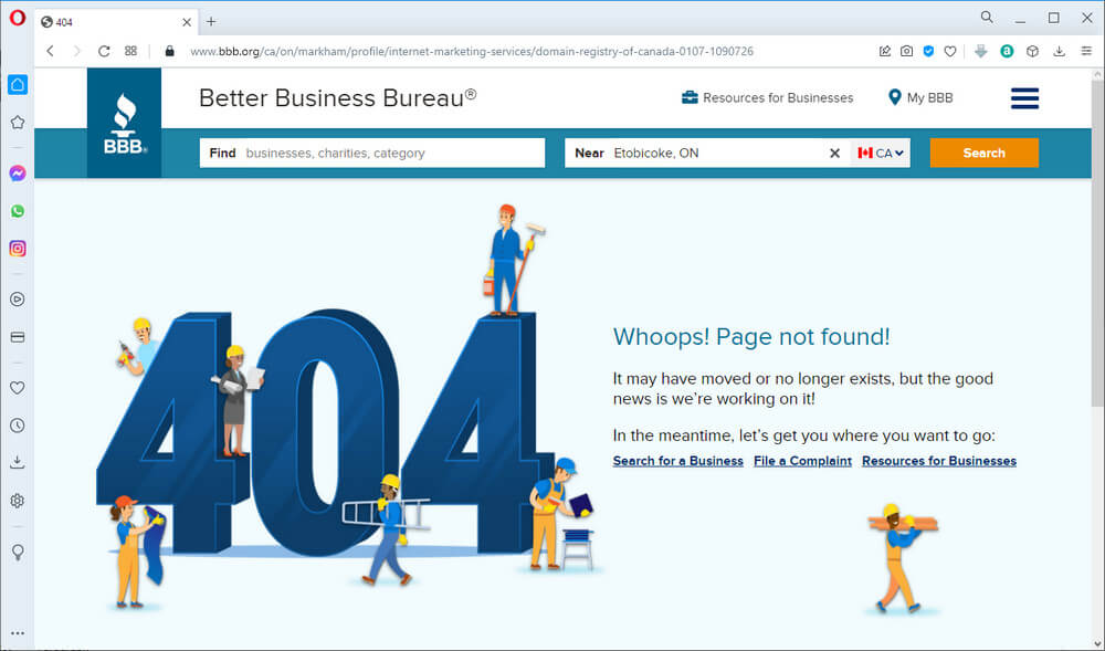 screen print of BBB's 404 error page
