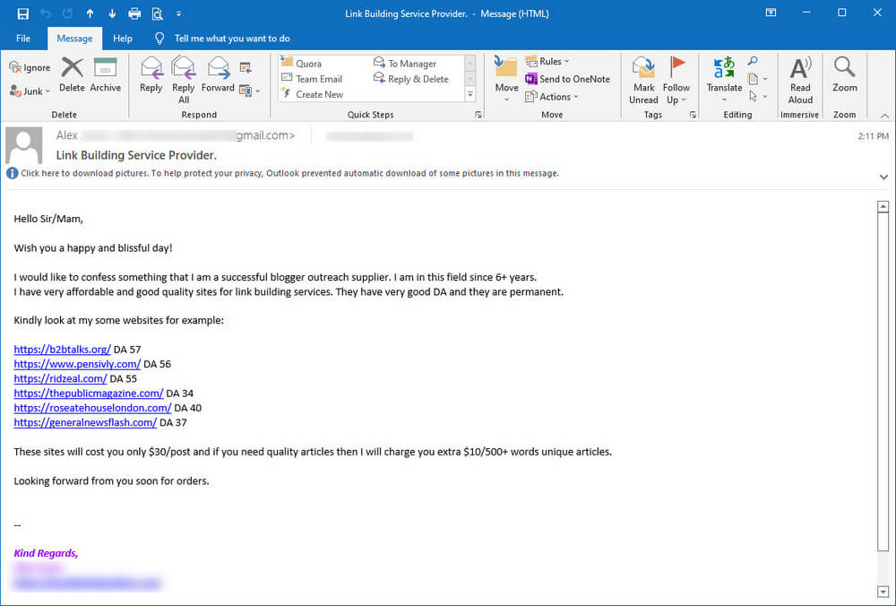 screen print of an email from a SEO specialist