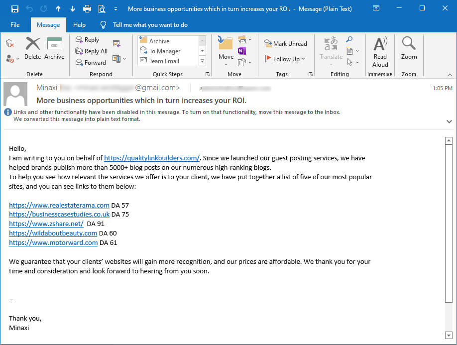 screen print of a 2nd email from a SEO specialist